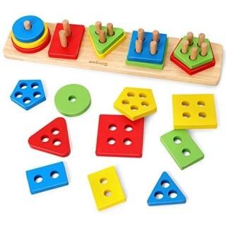 Coogam Wooden Sorting Stacking Toys Shape Color Recognition Blocks Matching Puzz