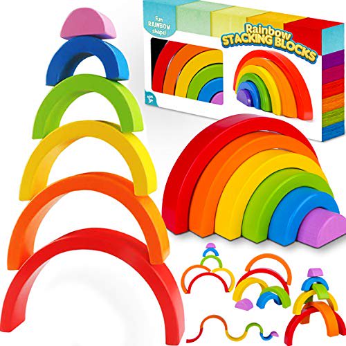 GoodyKing Wooden Toy Rainbow Stacker Puzzle Blocks for Toddlers