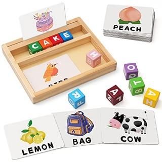 Coogam Wooden Blocks Spelling Game? Color Alphabet Letters Matching Flash Cards 