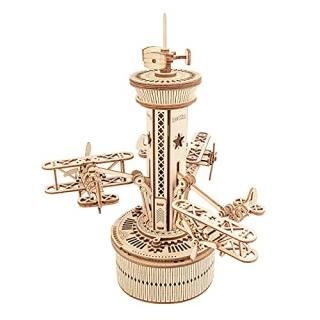ROKR 3D Wooden Puzzle Airplane Tower Music Box - DIY Mechanical Model Building K