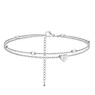 Tasiso Layered Initial Satellite Heart Anklet for Women Silver Plated Handmade D