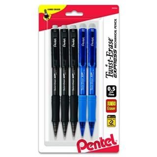 Pentel Twist-Erase Express Mechanical Pencils 0.5mm Blue & Black Barrels 5 Pack 