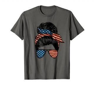 Messy Bun Womens American USA Flag Sunglasses 4th of July T-Shirt