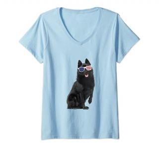 Womens Schipperke Wearing Sunglasses 4th Of July Dog V-Neck T-Shirt