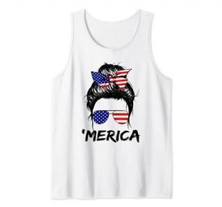 4th of July Girl Merica Messy Bun Mom USA Flag Sunglasses Tank Top
