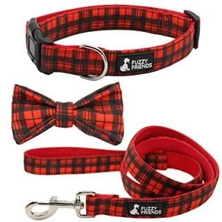 Black and Red Plaid Stylish Dog Collar with Detachable Bowtie and Optional Match