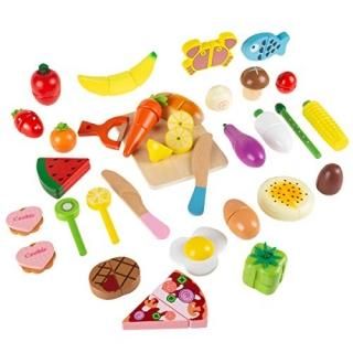Hey! Play! Pretend Play Food Set-Wooden Magnetic Fruits Vegetables Bread Pizza &
