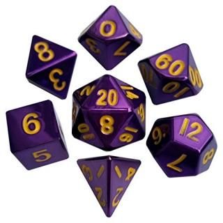 Purple Painted Solid Metal Dice with Gold Numbers 16mm 5/8in 7-Dice Set Metallic