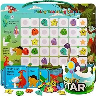 Potty-Training-Chart-with-35 Reusable Magnetic-Stickers. A Dinosaur Potty Chart 