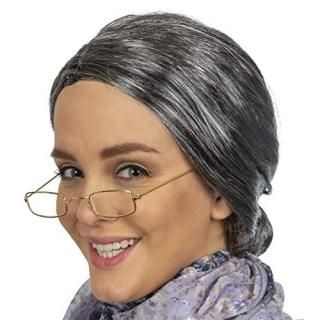 Skeleteen Old Lady Costume Set - Grey Granny Wig and Fake Gold Rectangle Eyeglas