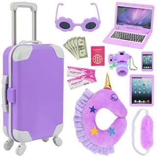 K.T. Fancy 16 pcs American 18 Doll Accessories Suitcase Travel Luggage Play Set 