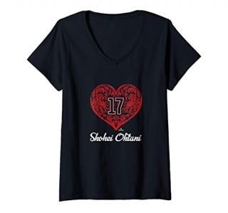 Womens Shohei Ohtani Ornate Heart V-Neck T-Shirt