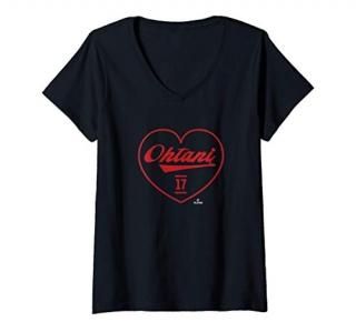 Womens Shohei Ohtani Heart Print Love Graphic Apparel V-Neck T-Shirt