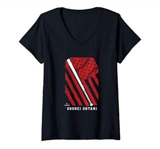 Womens Shohei Ohtani Baseball US Flag Patriotic Apparel V-Neck T-Shirt