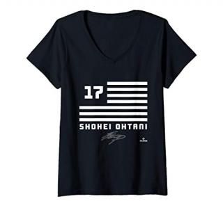 Womens Shohei Ohtani Flag Name V-Neck T-Shirt