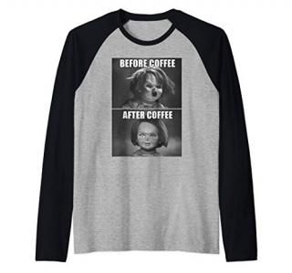 Child's Play Chucky Before Coffee After Coffee Raglan Baseball Tee