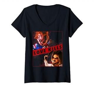Womens Child's Play Chucky And Tiffany Love Kills V-Neck T-Shirt