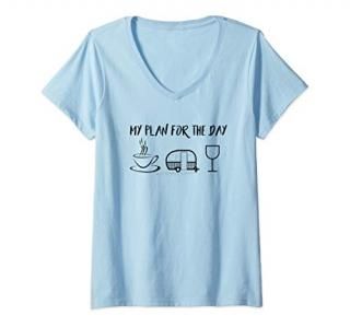 Womens Funny Camping - Plan For The Day - Coffee Camper Wine V-Neck T-Shirt