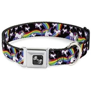 Buckle-Down Seatbelt Buckle Dog Collar - Unicorns/Rainbow Swirl Black - 1.5 Wide
