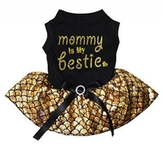 Petitebella Mommy is My Bestie Puppy Dog Dress Black/Gold Mermaid Large