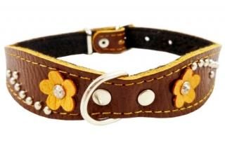 Brown Genuine leather Designer Dog Collar 14.5x1 with Studs Daisy and Rhinestone