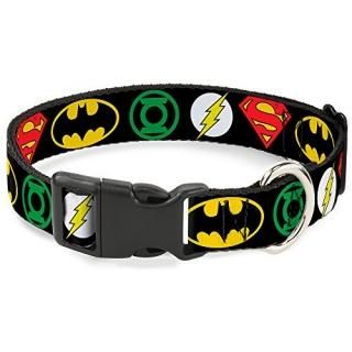 Buckle-Down Plastic Clip Collar - Justice League Superhero Logos - 1/2 Wide - Fi