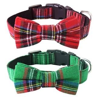 Malier Dog Collar with Bow tie Christmas Classic Plaid Dog Collar with Light Adj