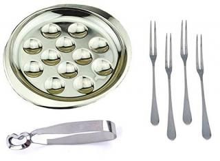 MBB Escargot Dining Set 12 Compartment Holes Snail Plate Tong 4 Forks Stainless 