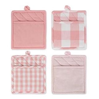 DII Gingham Check Kitchen Collection Potholder S/4 Pink & White 4 Pieces