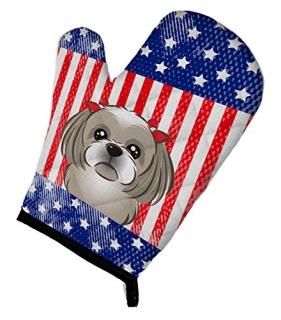 Caroline's Treasures BB2180OVMT American Flag and Gray Silver Shih Tzu Oven Mitt
