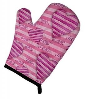 Caroline's Treasures BB7566OVMT Watercolor Hot Pink Striped Hearts Oven Mitt Lar