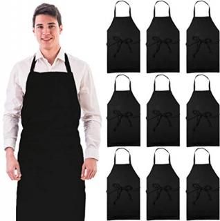 12 Black - Professional Bib Aprons Durable 100% Spun Poly Commercial Restaurant 