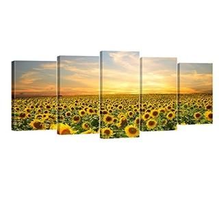 Wieco Art - Sunflowers Modern 5 Panels Stretched and Framed Giclee Canvas Prints