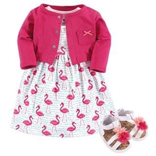 Hudson Baby Girls' Cotton Dress Cardigan and Shoe Set Bright Flamingo 9-12 Month