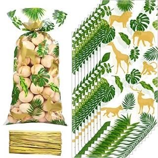 100 Pieces Jungle Animal Cellophane Treat Bags Green Gold Safari Animal Palm Lea