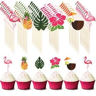 Hawaiian Luau Cupcake Toppers Cake Picks Toothpicks Decoration with Flamingo Pin