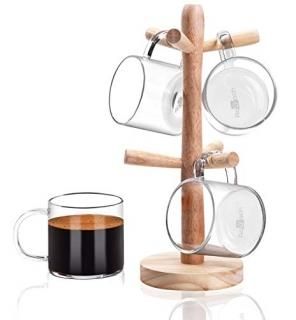 Aquach Coffee Glass Mugs Set of 4 12 oz Including Wooden Cup Holder Tree 6 Hooks