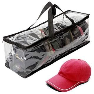 Houseables Hat Organiser Cap Storage Bag Clear Plastic Case Black Handles