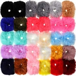 30 Pieces Faux Fur Hair Scrunchies Pompom Ball Elastic Hair Band Fluffy Ponytail