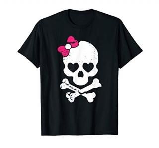 Cute Skull and Cross bone Pink Bow Tie Women Girls Adorable T-Shirt