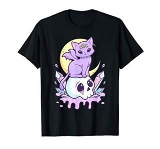 Kawaii Pastel Goth Cute Creepy Witchy Cat and Skull T-Shirt