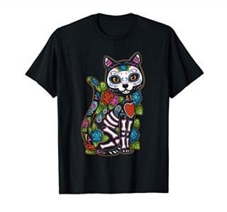 Cat Sugar Skull Mexico Calavera Dia De Los Muertos Halloween T-Shirt