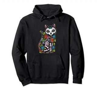Cat Sugar Skull Mexico Calavera Dia De Los Muertos Halloween Pullover Hoodie