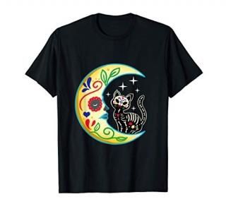 Cat & Moon Sugar Skull Dia de Los Muertos Day of The Dead T-Shirt