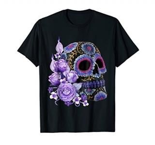 Purple Floral Black Sugar Skull Day Of The Dead T Shirt