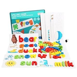 Wooden Toddler See and Spelling Learning Toy Matching Alphabet Word Game with 56