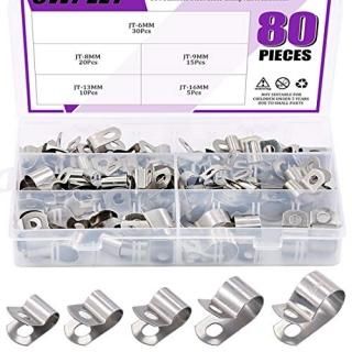 Swpeet 80Pcs 304 Stainless Steel 6mm-16mm Vinyl Cable Coated Clamps Assortment K