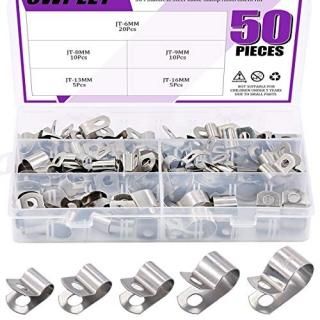 Swpeet 50Pcs 304 Stainless Steel 6mm-16mm Vinyl Coated Cable Clamps Assortment K