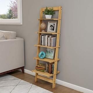 Lavish Home 5-Tier Ladder Bookshelf- Leaning Decorative Shelves Pickled Oak 141