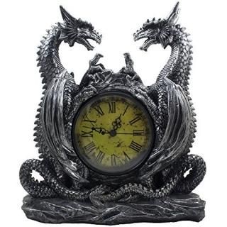 Mythical Dragon Duo Desk Clock in Metallic Look and Antique Face with Roman Nume